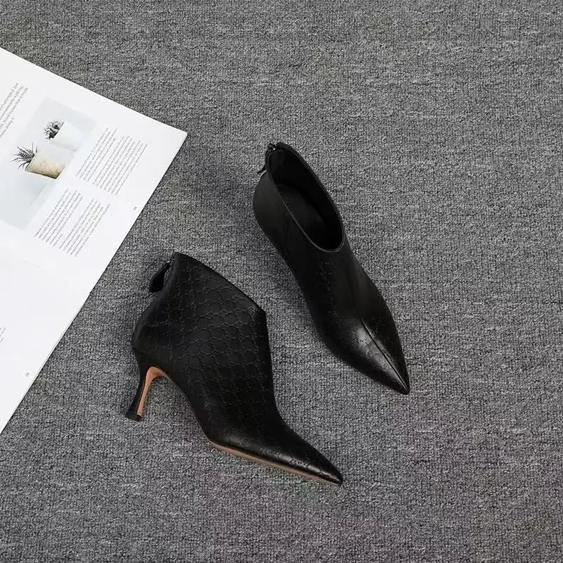 Pointed Toe Stiletto Ankle Boots | Textured High Heel Booties | Elegant Zip-Up Dress Boots