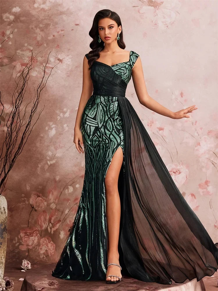 Embroidered Mermaid Maxi Dress – Sleeveless Square Neck Evening Gown with Patterned Bodice, High Side Slit and Flowing Floor-Length Skirt