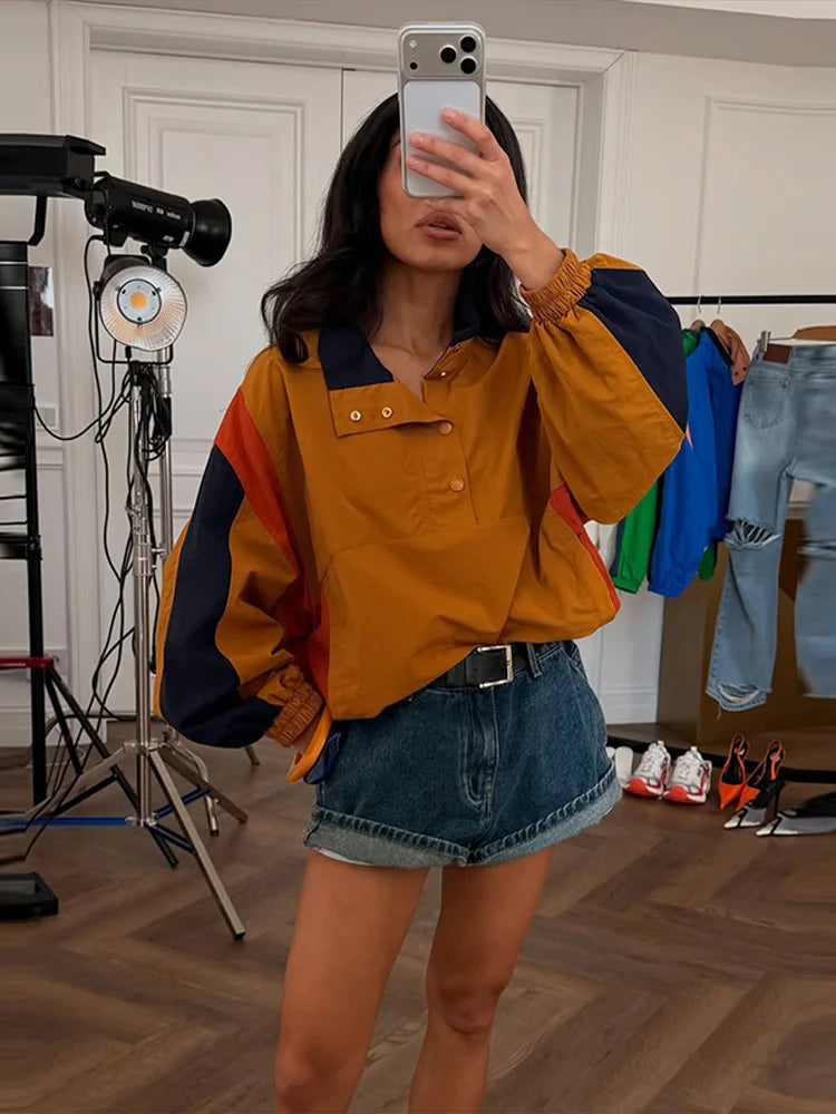 Contrast Jackets Women Lapel Long Sleeves Single Breasted Loose Coats