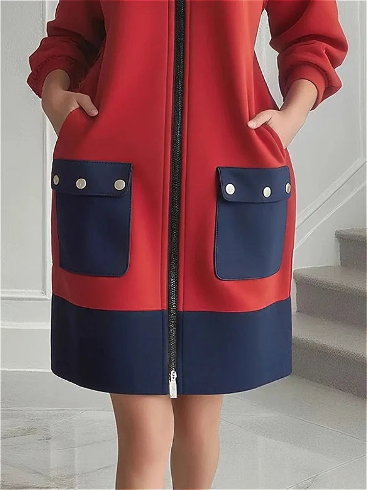 Zip Up Coat Dress – Long Sleeve Mini Dress with Stand Collar, Contrast Patch Pockets and Structured A-Line Silhouette for Fall & Winter