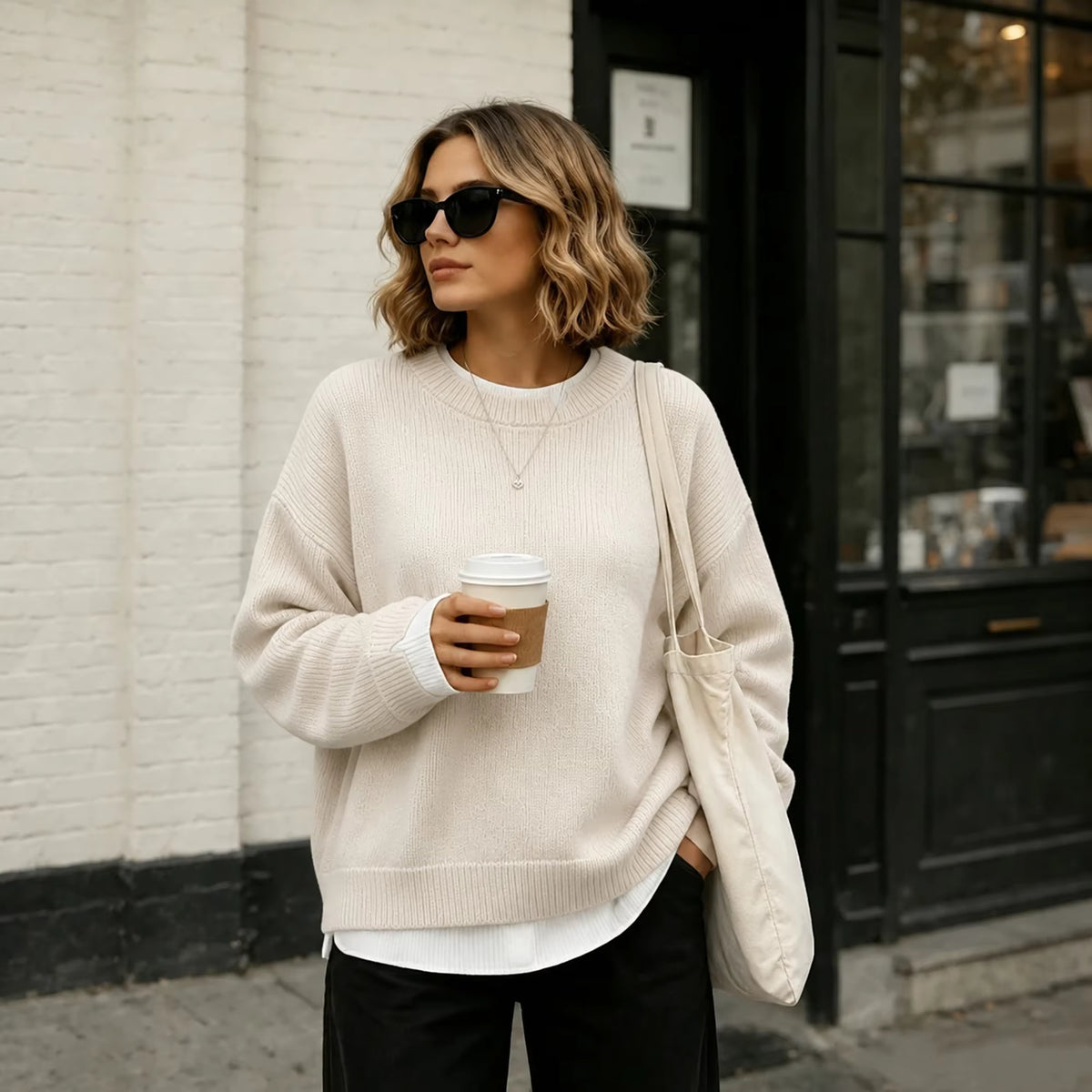 Oversized Ribbed Knit Sweater, Crew Neck Pullover with Balloon Sleeves and Layered Hem, Cozy Casual Fall Winter Knitwear