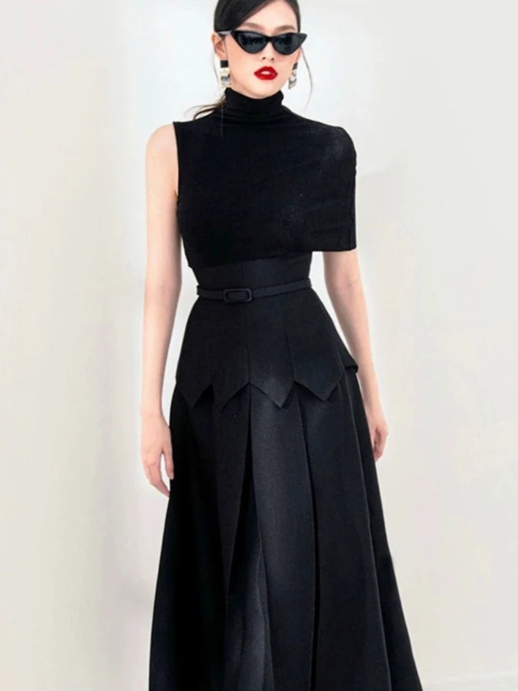 Pleated Maxi Dress – Sleeveless High Neck Dress with Structured Waist and Flowing A-Line Skirt for Formal Events, Parties & Evening Wear