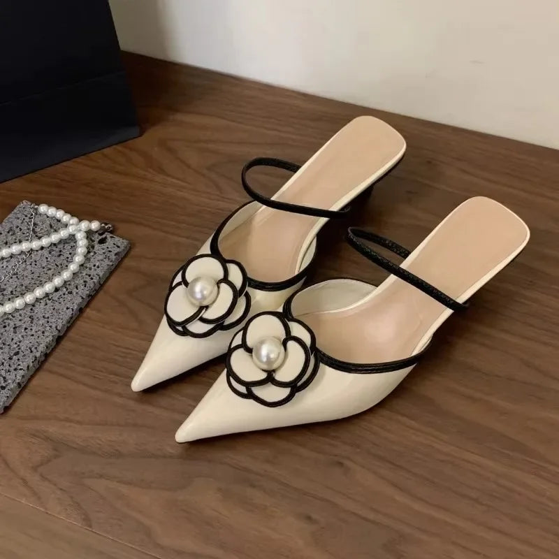 Women's Pointed Toe Slingback Kitten Heel Mules – Elegant Floral Pearl Pumps for Office, Party, Wedding & Dress Wear