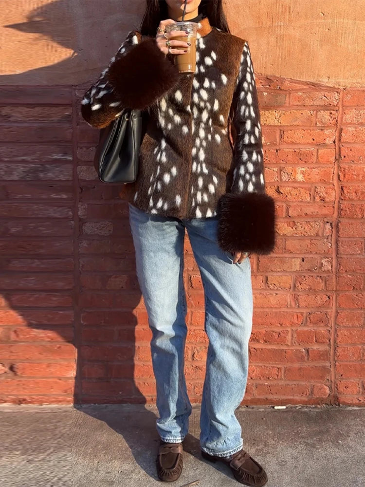 Faux Fur Cuff Jacket, Printed Button-Up Jacket with Plush Trim and Tailored Fit, Statement Chic Party Outerwear