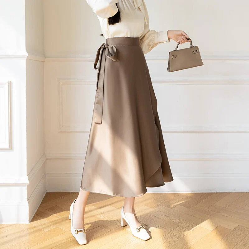 High Waisted Wrap Midi Skirt Asymmetrical Draped Skirt Satin Look Side Slit A Line Elegant Party Evening Wear