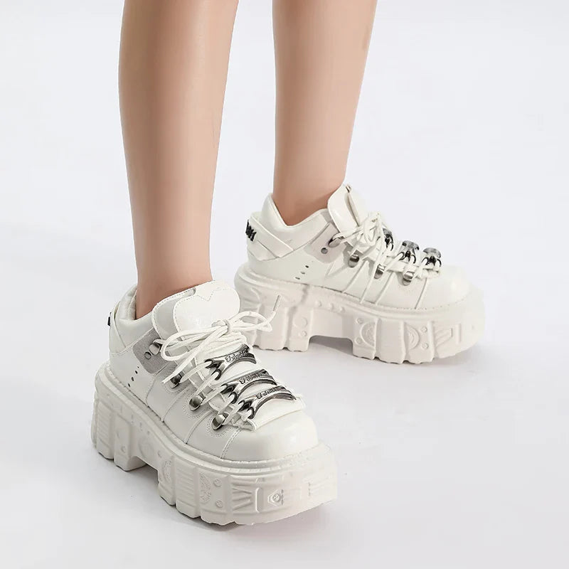 Women's White Platform Sneakers – Chunky Lace-Up Casual Walking Shoes, Goth Streetwear Platform Trainers for Everyday Fashion