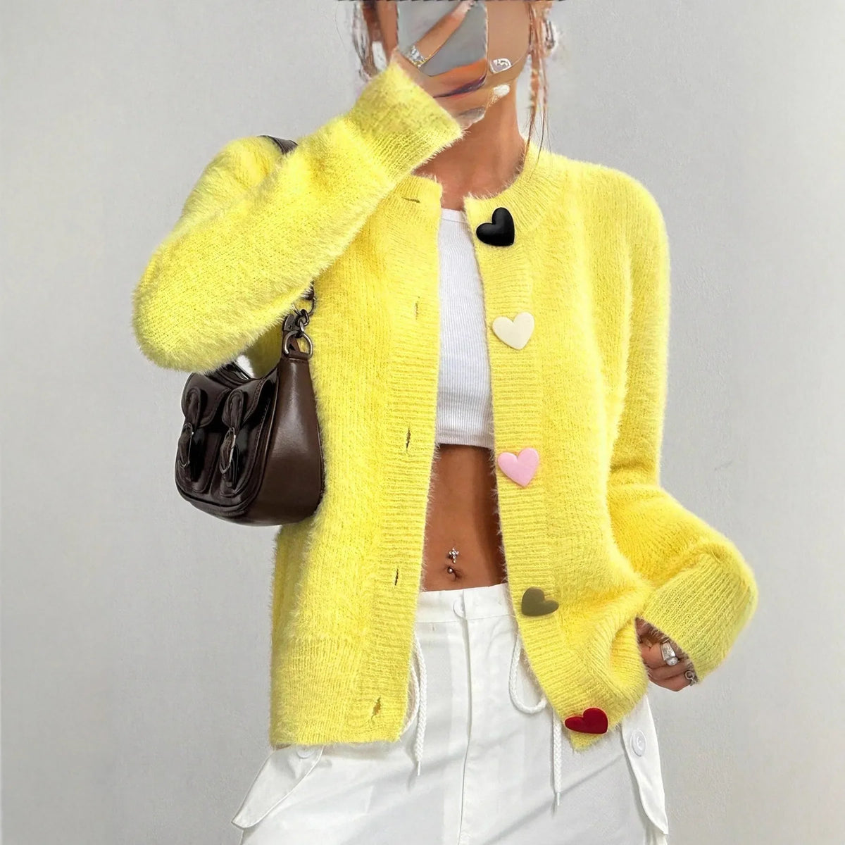 Fluffy Knit Cardigan, Button-Up Sweater Jacket with Heart-Shaped Buttons and Relaxed Fit, Cozy Casual Spring Fall Outerwear