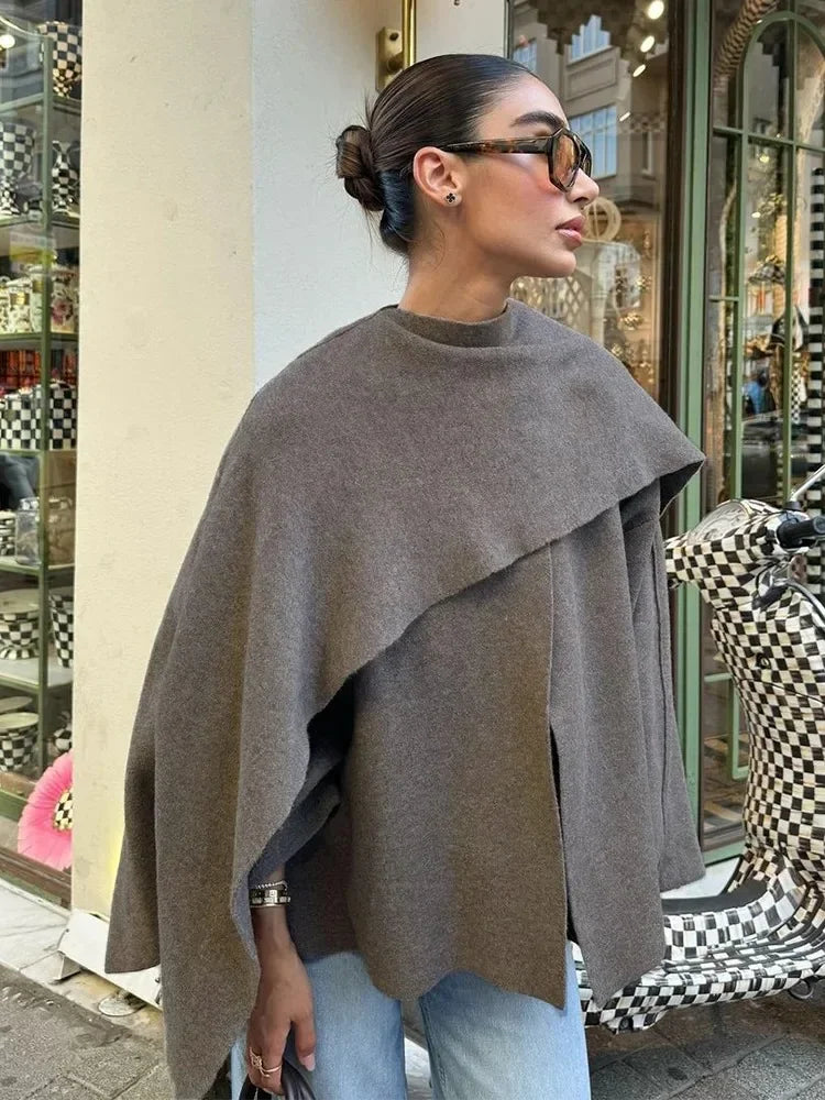 Oversized Poncho Cape Coat, High Neck Draped Sweater Jacket with Wide Sleeves, Cozy Fall Winter Outerwear