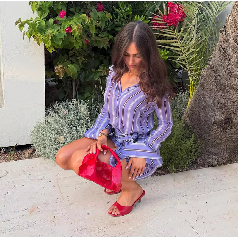 Striped Shirt Mini Dress – Sheer Chiffon Button Down Dress with Turn-Down Collar, Long Sleeves, Waist Tie and Detachable Scarf