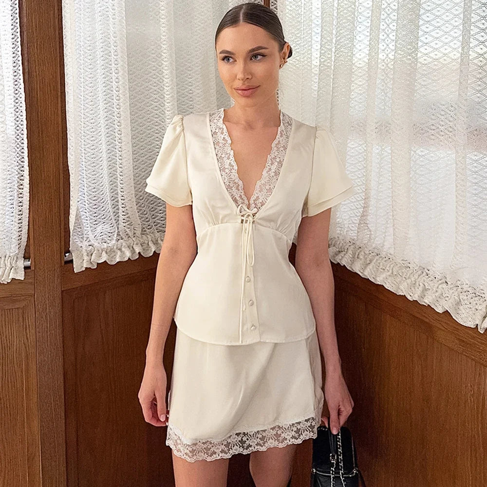 Lace Trim Blouse & Satin Mini Skirt Co-Ord Set | Short Sleeve Two Piece Outfit with V-Neck Detail | Chic Summer Date Night & Party Matching Set