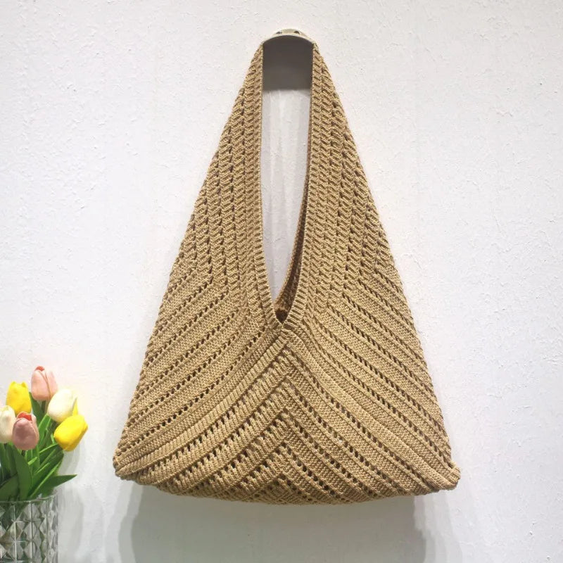 Woven Hobo Shoulder Bag, Boho Straw Handbag with Geometric Pattern, Slouchy Summer Tote Purse for Beach, Vacation & Everyday Use