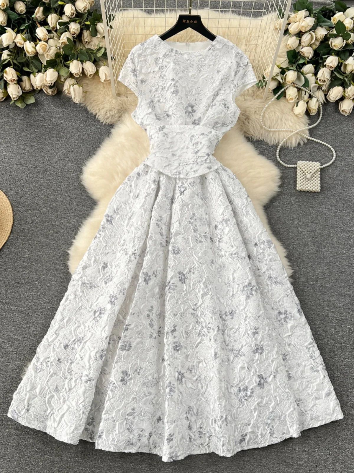 Floral Midi Dress – Short Sleeve Fit and Flare Dress with Round Neck, Defined Waist, Button Front and Full Flared Skirt for Weddings & Events