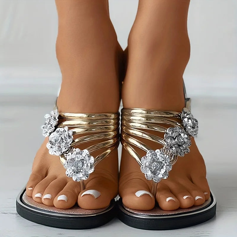 Jeweled Thong Sandals | Rhinestone Flat Slip-On Sandals | Glamorous Strappy Summer Shoes