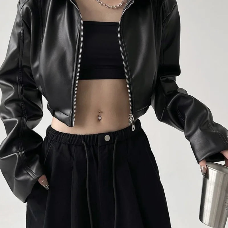 Cropped Faux Leather Bomber Jacket, Zip-Up Jacket with Voluminous Sleeves and Elasticated Hem, Edgy Casual Streetwear Outerwear