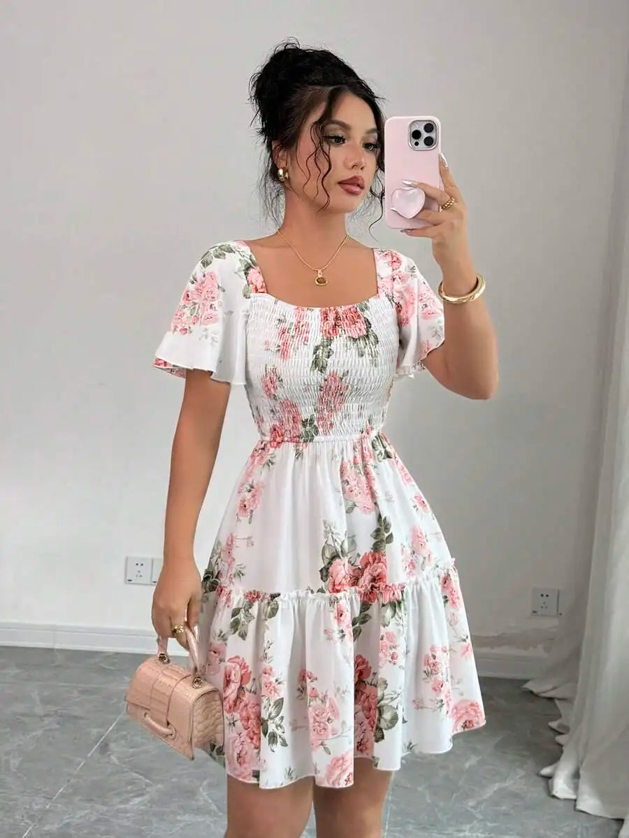 Floral Mini Dress – Short Sleeve Square Neck Dress with Fitted Bodice, Defined Waist and Flared Skirt for Brunch, Vacations & Summer Events