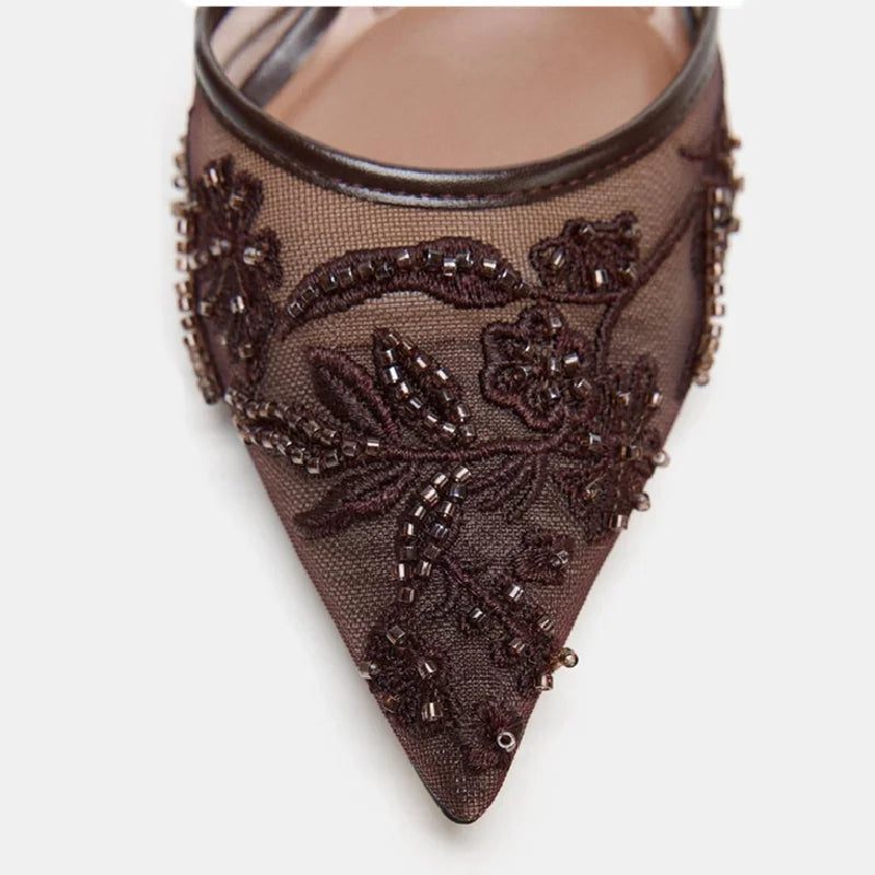Embroidered Slingback Heels | Pointed Toe Mesh Pumps | Elegant Lace Detail Dress Shoes