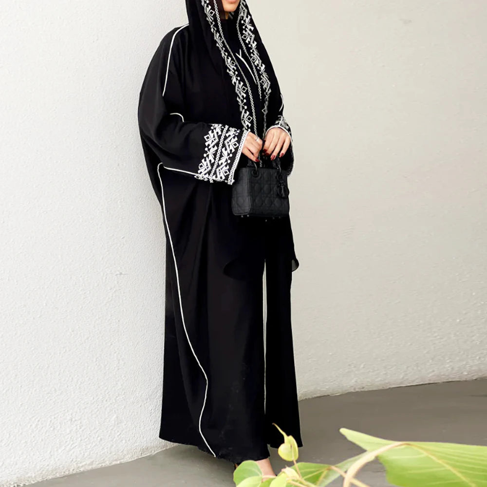 Embroidered Black Abaya with Belted Waist & Wide Sleeves | Modest Maxi Dress with Elegant Trim Detail | Muslim Occasion Wear