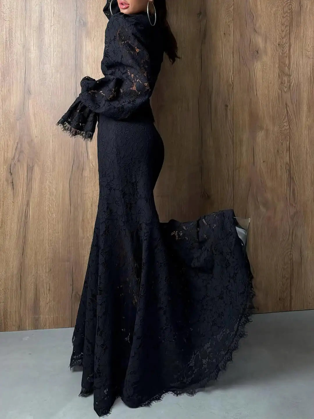Lace Detail Long Sleeve Top & Flared Maxi Skirt Co-Ord Set | Elegant Two Piece Outfit | Romantic Wedding & Occasion Wear