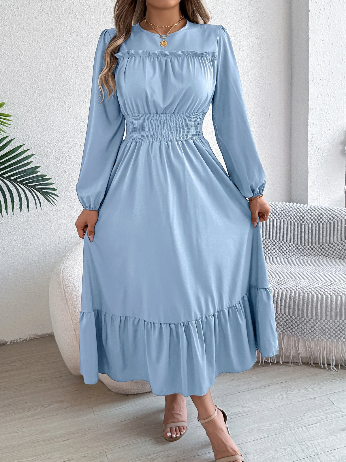 Long Sleeve Midi Dress – Square Neck Dress with Smocked Waist, Puff Sleeves, Gathered Bodice and Tiered Ruffle Hem for Casual Wear