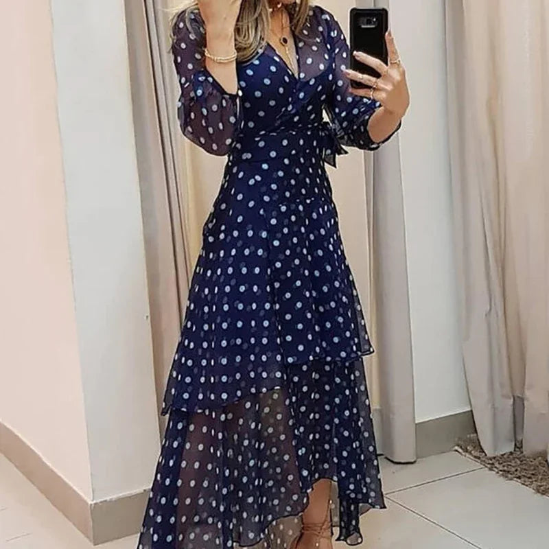 Polka Dot Maxi Dress – Long Sleeve V-Neck Dress with Wrap Waist, Tiered Skirt and Sheer High-Low Hem for Parties & Special Events