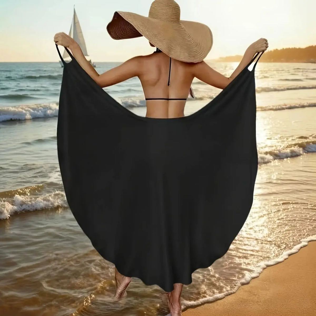 Asymmetrical Beach Maxi Dress – One Shoulder Sleeveless Dress with High Side Slit, Flowing Overlay and Tie Detail for Vacations & Resort Wear