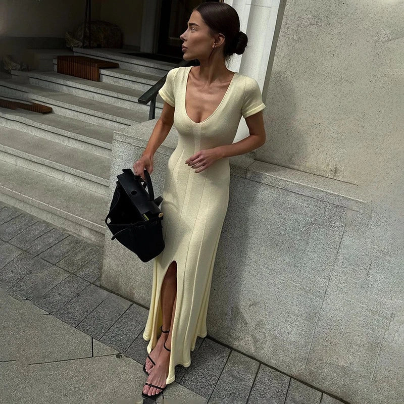Ribbed Maxi Dress – Short Sleeve V-Neck Dress with Fitted Silhouette, Side Slit and Ankle-Length Design for Casual & Vacation Wear
