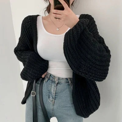Chunky Knit Cardigan, Oversized Open Front Sweater with Balloon Sleeves and Ribbed Texture, Cozy Casual Fall Winter Layer