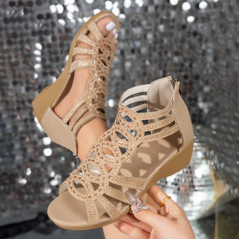 Glam Wedge Sandals | Rhinestone Gladiator Heels | Strappy Open Toe Platform Shoes for Women