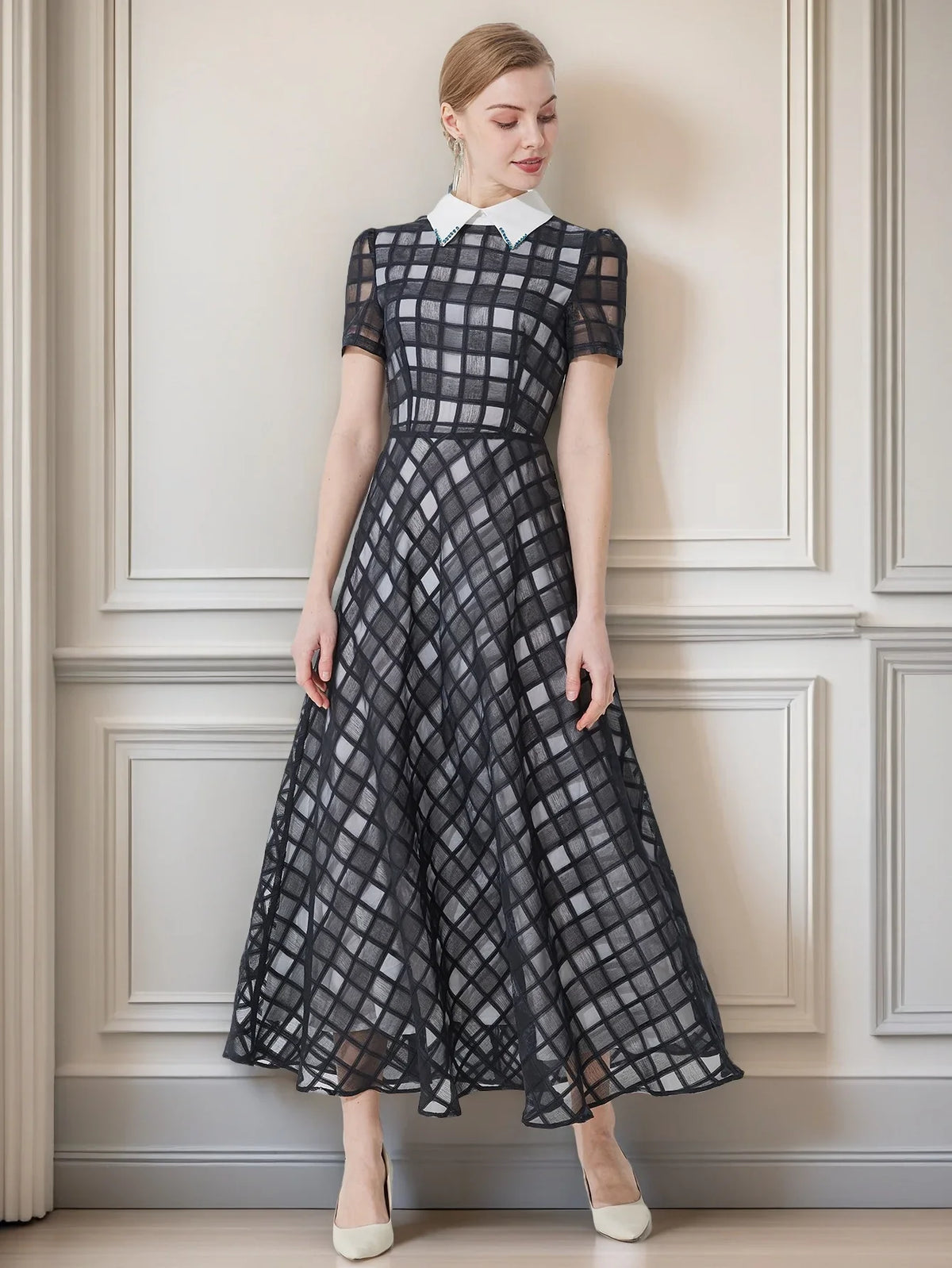 Plaid Maxi Dress – Short Sleeve High Neck A-Line Dress with Fitted Bodice and Flowing Full Skirt for Weddings, Brunch & Special Events