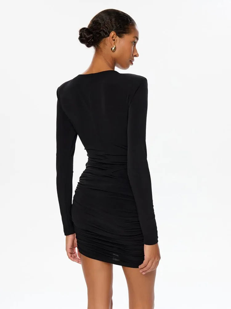 Cutout Ruched Mini Dress – Long Sleeve Bodycon Dress with Waist Cutout, Structured Shoulders and Fitted Skirt for Parties & Date Nights