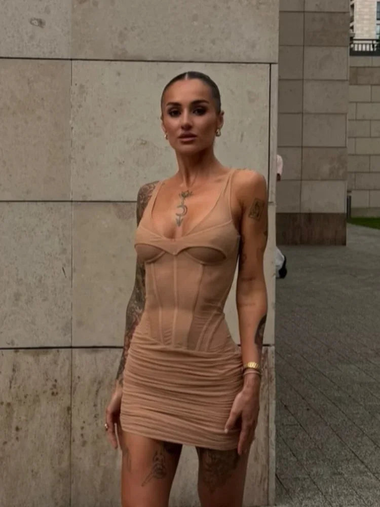 Ruched Mini Dress – Bodycon Corset Style Dress with Spaghetti Straps, Structured Bust, Seam Detail and Fitted Silhouette