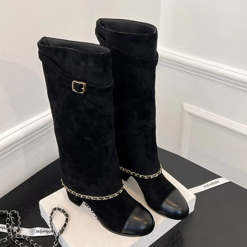 Knee High Suede Boots | Buckle Strap Block Heel Boots | Chain Detail Tall Fashion Booties