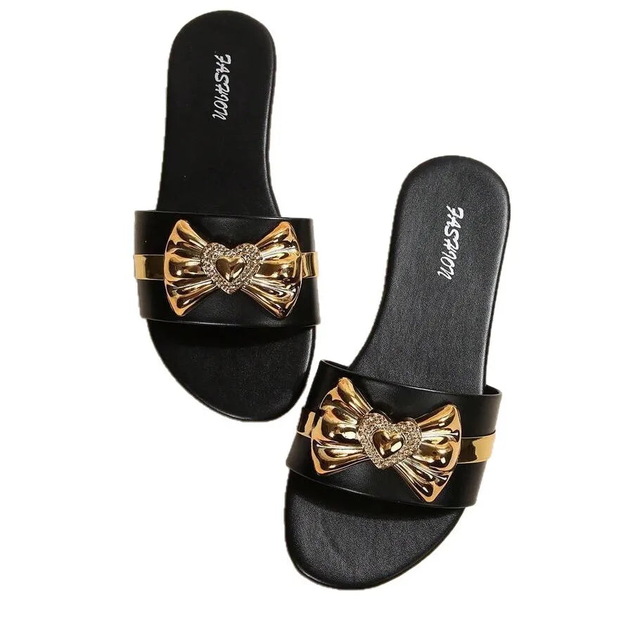 Bow Slide Sandals | Gold Embellished Flat Mules | Elegant Open Toe Summer Casual Shoes