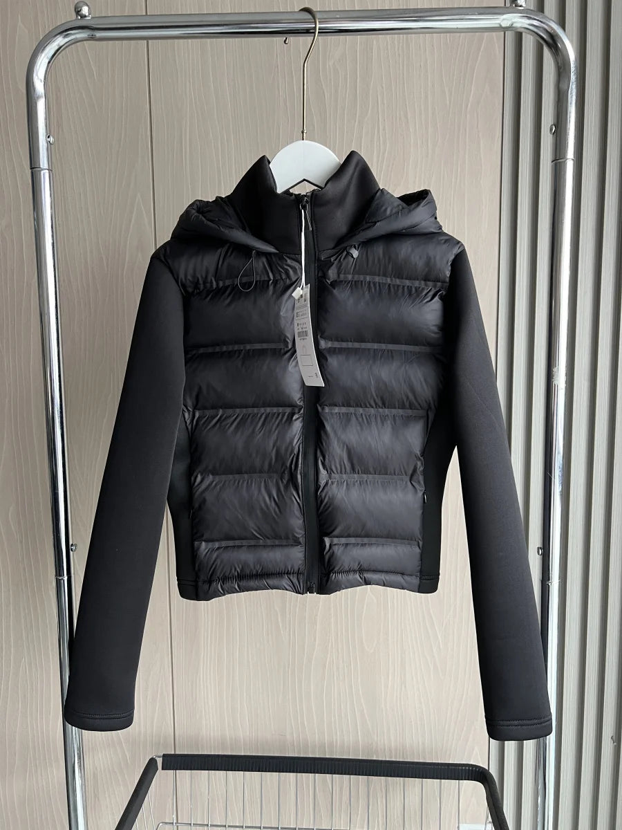 Hooded Puffer Jacket, Quilted Hybrid Jacket with Stretch Sleeves and Zip Front, Lightweight Warm Casual Winter Outerwear
