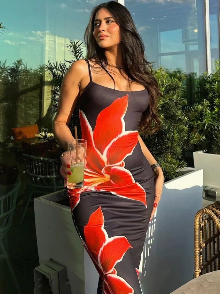 Floral Maxi Dress – Spaghetti Strap Bodycon Dress with Square Neck, Abstract Botanical Print and Figure-Hugging Silhouette for Beach Vacations