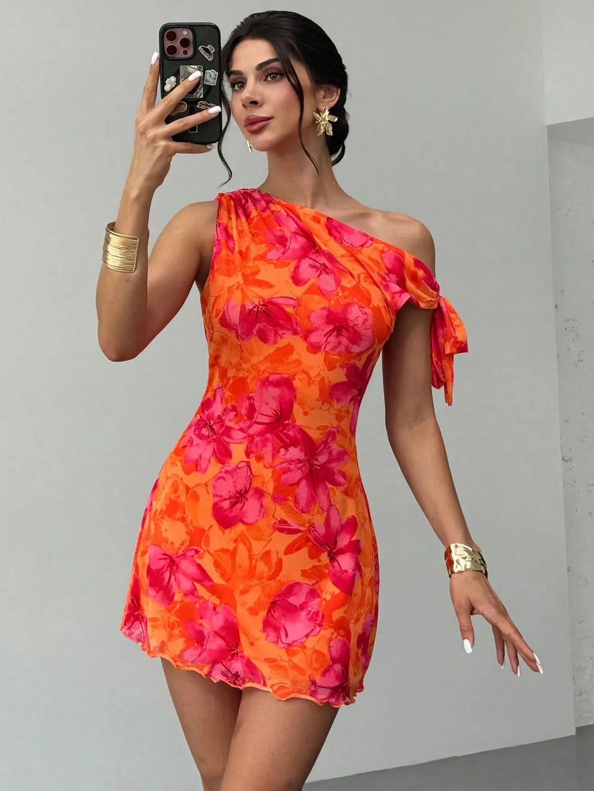 Floral Mini Dress – Off Shoulder Ruched Dress with One Shoulder Tie Detail, Fitted Silhouette and Flared Hem for Vacations & Summer Parties
