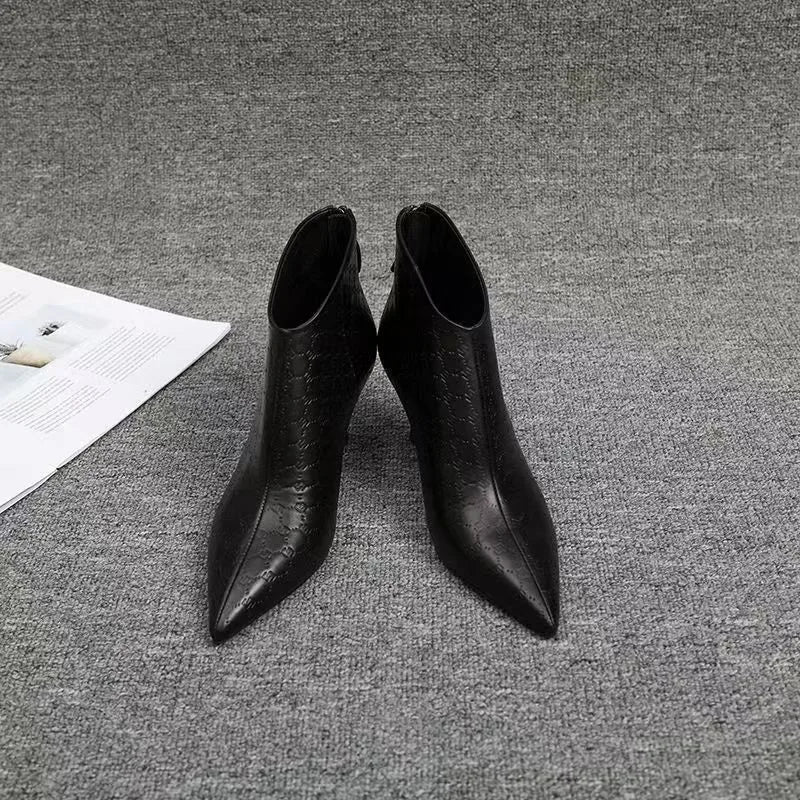Pointed Toe Stiletto Ankle Boots | Textured High Heel Booties | Elegant Zip-Up Dress Boots