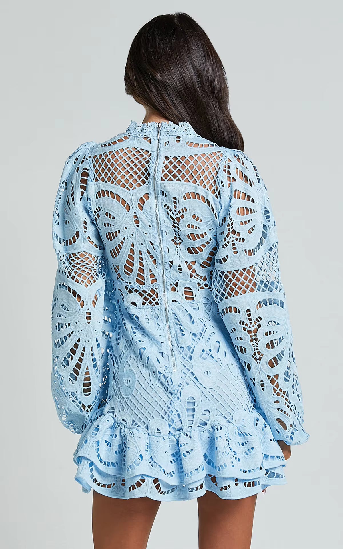Lace Mini Dress – Long Sleeve Crochet Dress with High Neckline, Intricate Cutout Embroidery, Fitted Waist and Ruffle Hem