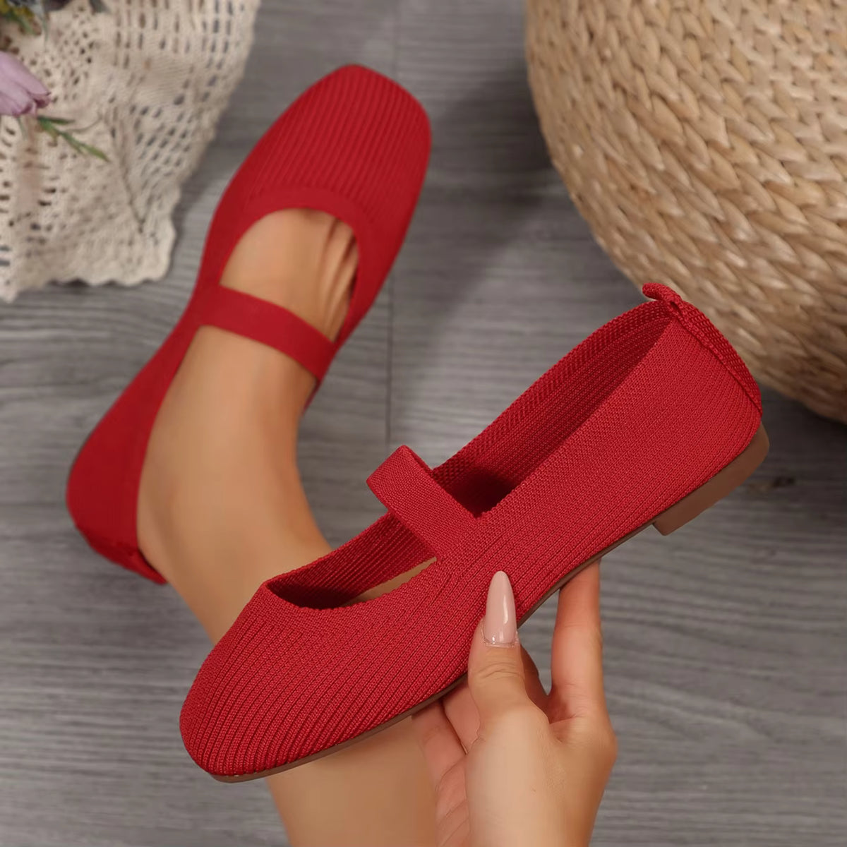 Mary Jane Knit Flats | Round Toe Ballet Shoes | Textured Slip-On Strap Flats for Everyday Wear