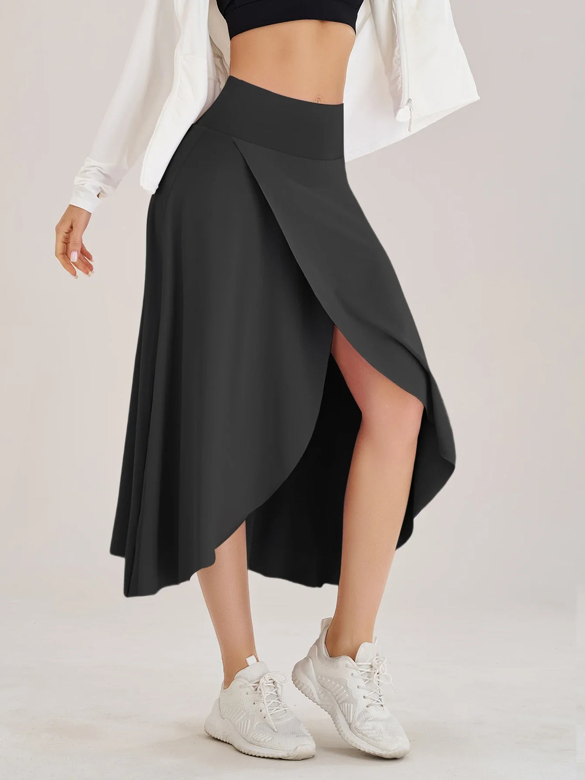 High Waisted Asymmetrical Midi Skirt Side Slit Wrap Style Long Skirt A Line Casual Streetwear Party Bottomwear