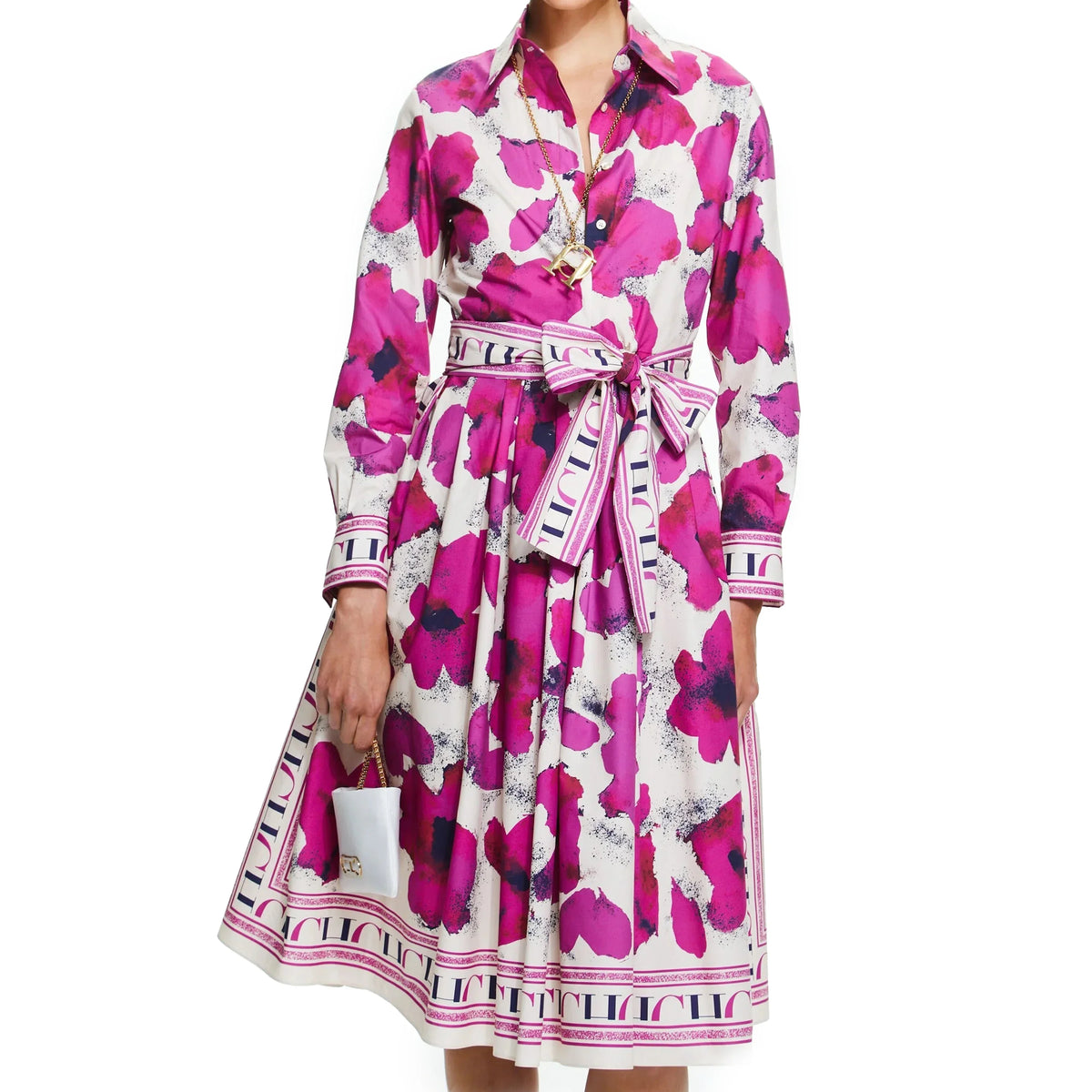 Floral Shirt Midi Dress – Long Sleeve Button Front Dress with Belted Waist, Collared Neck and Flared Skirt for Brunch, Vacations & Events