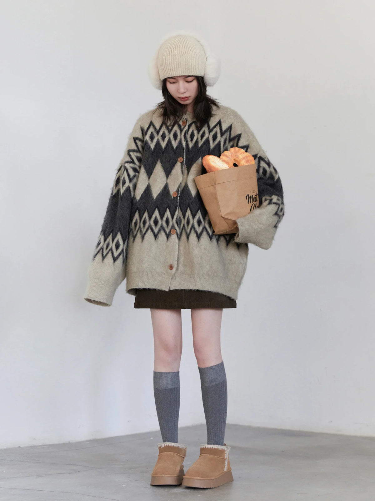 Argyle Knit Cardigan, Oversized Button-Up Sweater Jacket with Geometric Pattern and Balloon Sleeves, Cozy Fall Winter Outerwear