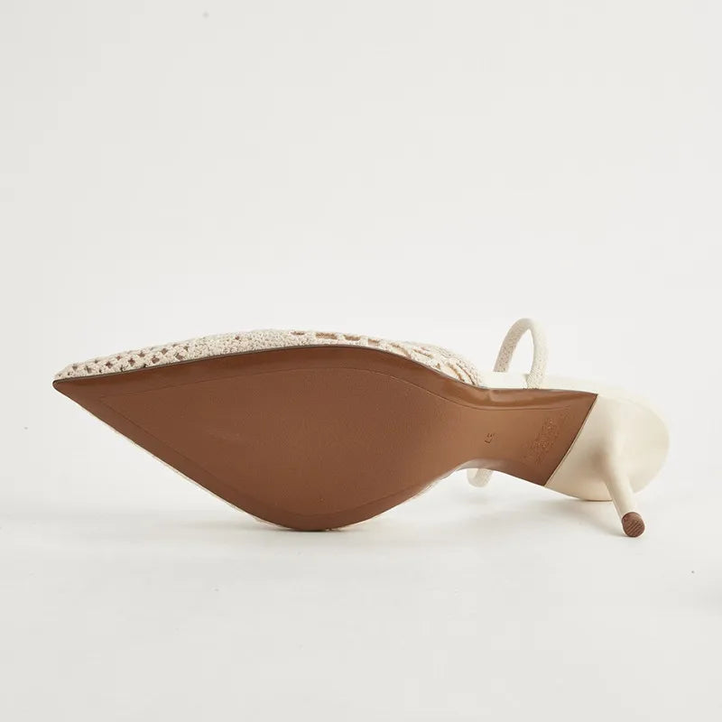 Crochet Slingback Heels | Pointed Toe Mesh Pumps | Elegant Low Heel Summer Dress Shoes