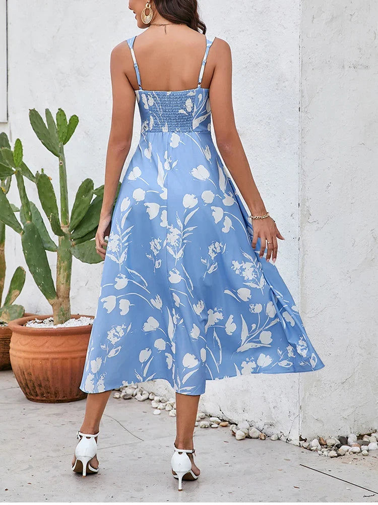 Floral Midi Dress – Spaghetti Strap A-Line Dress with Square Neck, Fitted Bodice and Flared Skirt for Brunch, Vacations & Summer Events