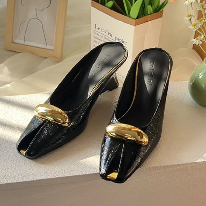 Metallic Mule Flats | Pointed Toe Slip-On Shoes | Buckle Embellished Dress Mules