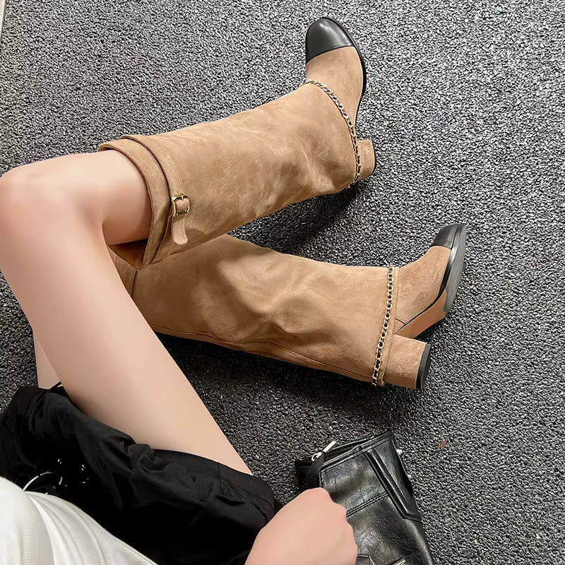Knee High Suede Boots | Buckle Strap Block Heel Boots | Chain Detail Tall Fashion Booties