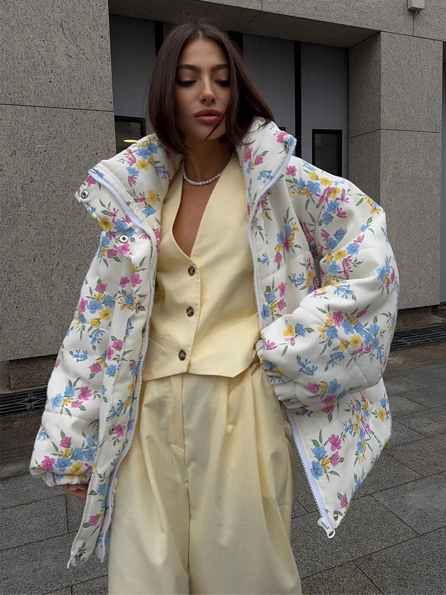 Floral Quilted Puffer Jacket, Oversized Hooded Winter Jacket with Front Pockets, Cozy Printed Cold Weather Outerwear