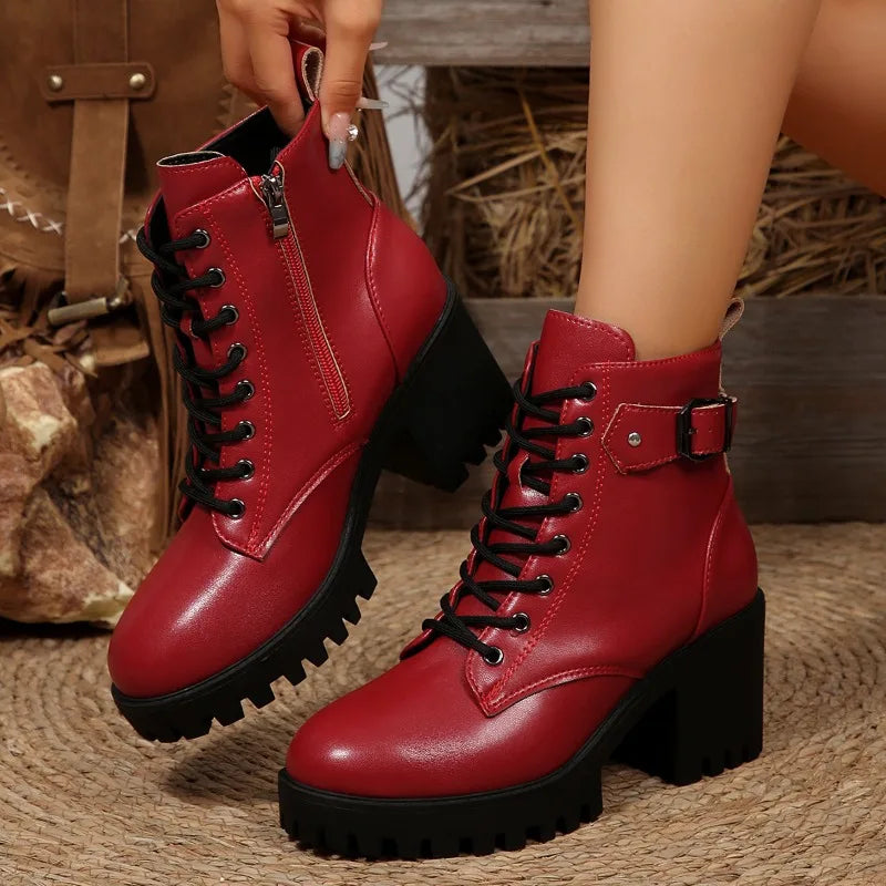Lace-Up Combat Boots | Chunky Platform Ankle Booties | Buckle Detail Block Heel Boots