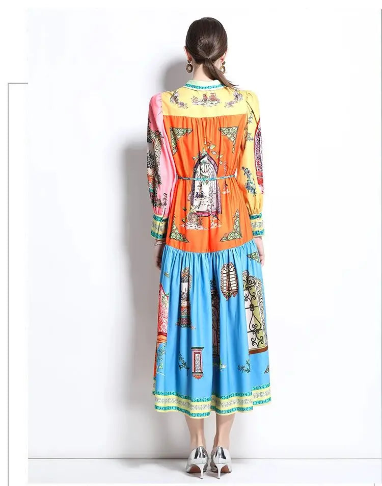 Printed Shirt Maxi Dress – Long Sleeve Collared Dress with Button Front, Belted Waist and Flared A-Line Skirt for Vacations & Events