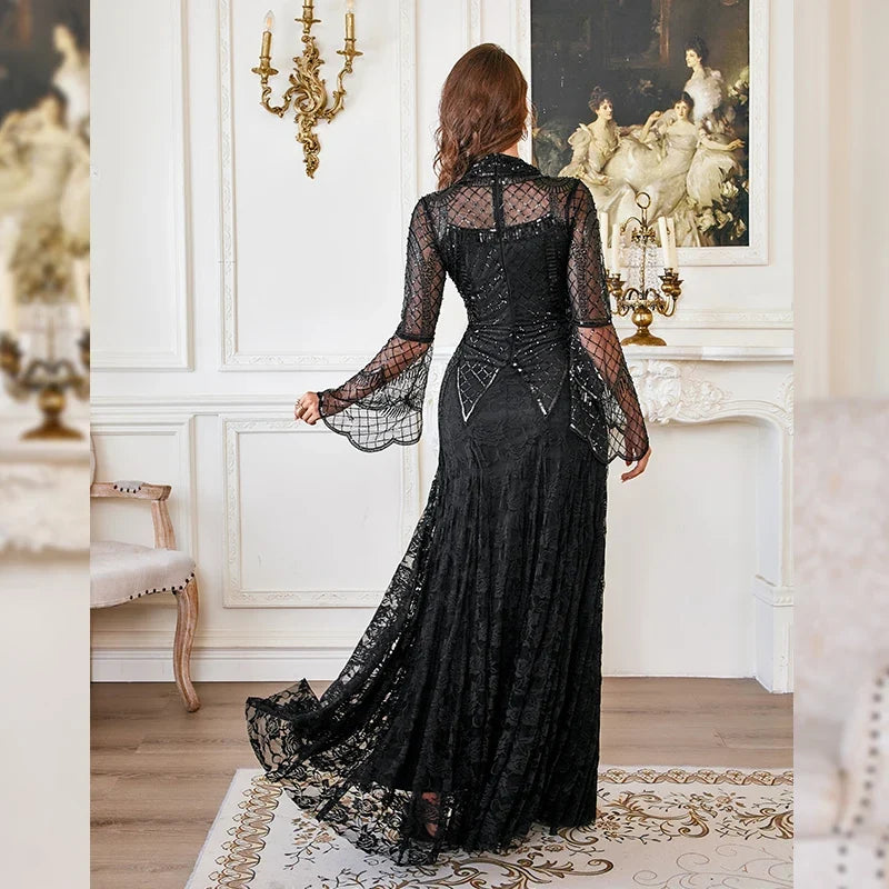 Lace Maxi Dress – Long Sleeve High Neck Evening Gown with Sheer Lace Bodice, Fitted Waist and Flowing Floor-Length Skirt for Formal Events